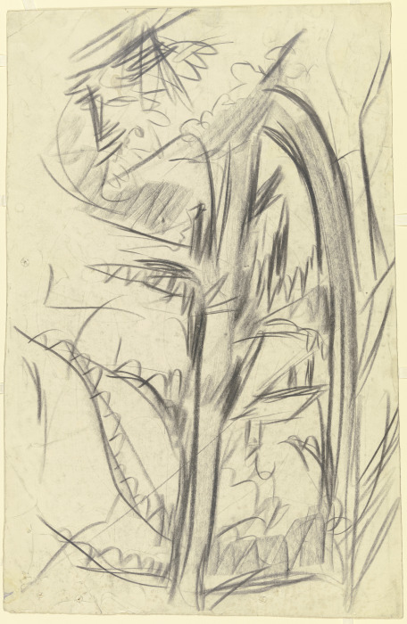 Blick durch zwei Fichten auf eine Hütte a Ernst Ludwig Kirchner