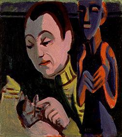 Portrait of Erna with cat and wood figure a Ernst Ludwig Kirchner