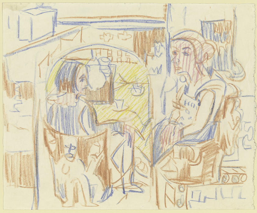 Zwei Frauen am Kaffeetisch in Kirchners Atelier a Ernst Ludwig Kirchner