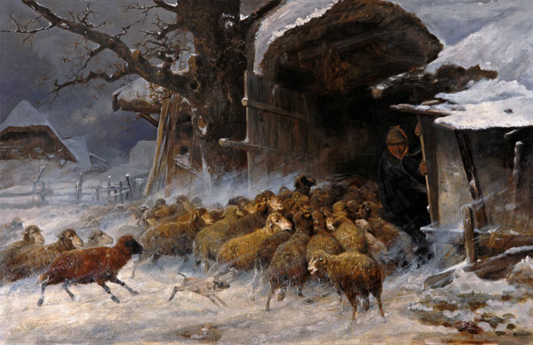 Flock of sheep which is taken to the Staal before a driving snow. a Ernst Meissner
