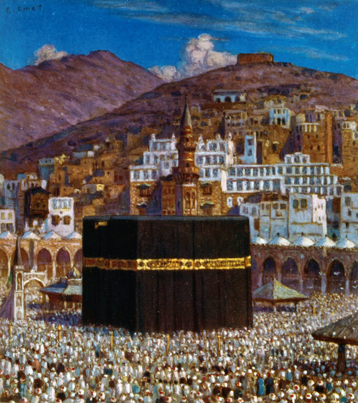 Illustration depicting Moslem pilgrims at the Kabbah in Mecca. by Nasreddine Dinet a Etienne Dinet