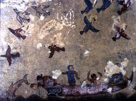 Fishermen in a boat and birds flying, from the Tomb of Fishing and Hunting a Etruscan