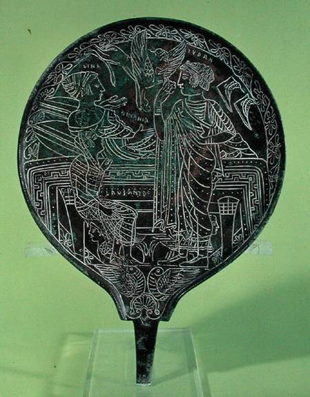 Mirror depicting Aphrodite persuading Helen to follow Paris to Troy, from Palestrina a Etruscan