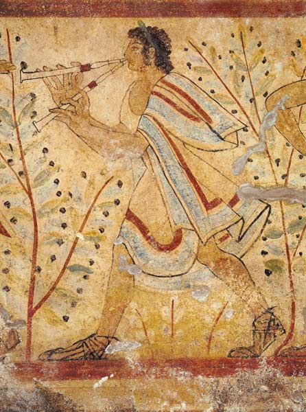 Musician playing the Pipes, from the Tomb of the Leopard a Etruscan