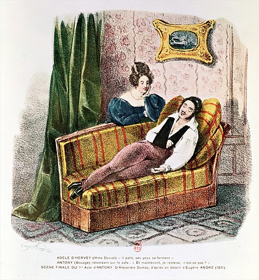 Marie Dorval (1798-1849) in the role of Adele d''Hervey and Bocage (1797-1863) as Antony, in the fin a Eugene Andre