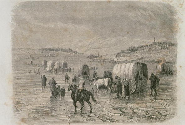 A Wagon Train Heading West in the 1860s, engraved by Stephane Pannemaker (1847-1930) (engraving) a Eugene Antoine Samuel Lavieille