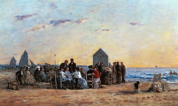 Beach Scene at Trouville - Sunset a Eugène Boudin