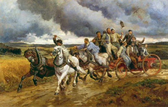 The village fire brigade on the way to the source. a Eugène Burnand