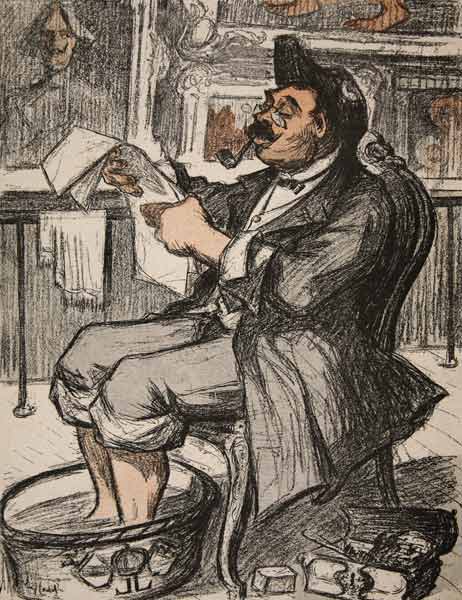 A government official reading his newspaper with a footbath, illustration from ''L''assiette au Beur a Eugene Cadel