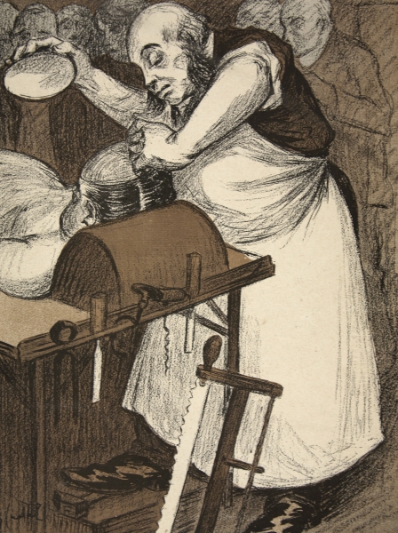 A coroner examining the head of a corpse, illustration from ''L''assiette au Beurre: Les Fonctionnai a Eugene Cadel