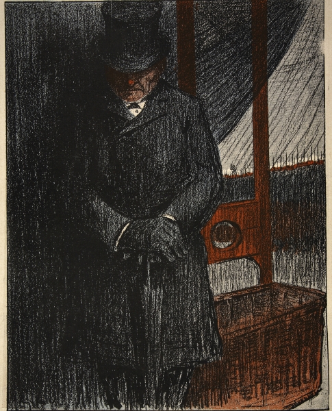 An undertaker awaits his next victim by the guillotine, illustration from ''L''assiette au Beurre: L a Eugene Cadel