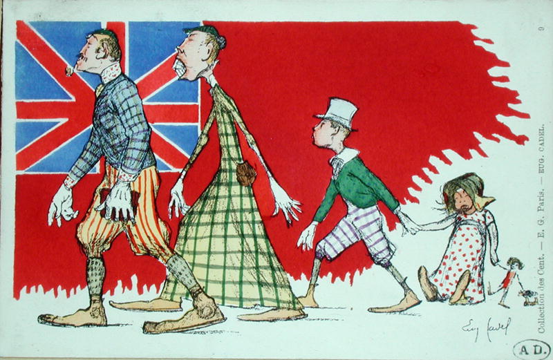 British family as perceived by the French, postcard (colour litho)  a Eugene Cadel