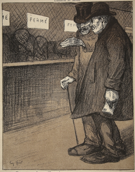 Two elderly gentlemen walking past closed counters, illustration from ''L''assiette au Beurre: Les F a Eugene Cadel