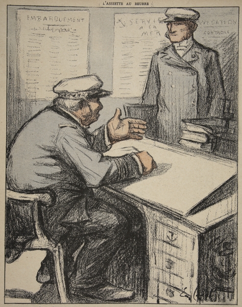 Two maritime gentlemen in their offices, illustration from ''L''assiette au Beurre: Les Fonctionnair a Eugene Cadel