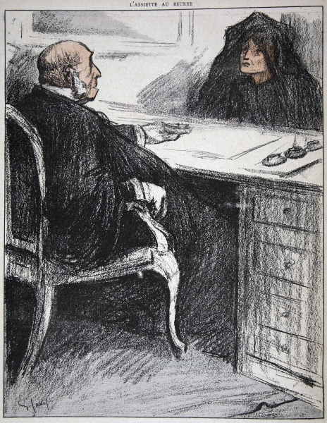 Widow with a justice official, illustration from ''L''assiette au Beurre: Les Fonctionnaires'', 9th  a Eugene Cadel