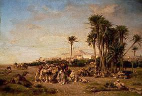 Rest of a caravan in the Sahara at El Aghouat. a Eugène Fromentin