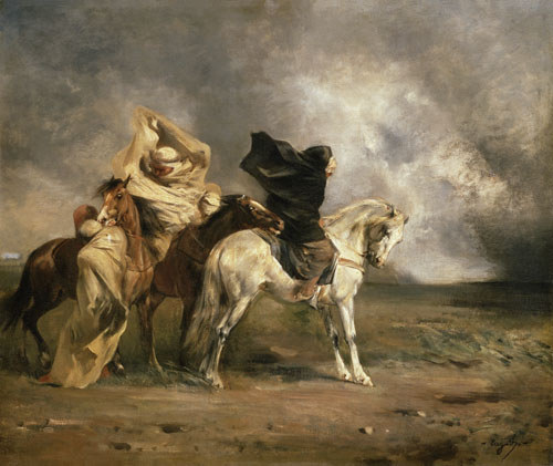 Rider bunch in the paying sandstorm. a Eugène Fromentin