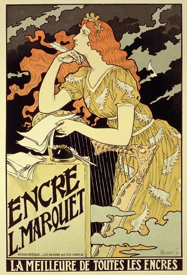 Reproduction of a poster advertising 'Marquet Ink' a Eugene Grasset
