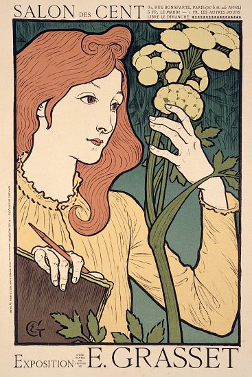Reproduction of a poster advertising an 'Exhibition of work by Eugene Grasset, at the Salon des Cent a Eugene Grasset