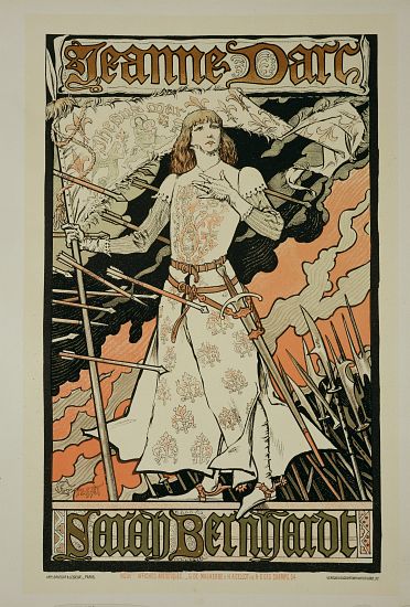 Reproduction of a poster advertising 'Joan of Arc', starring Sarah Bernhardt at the Renaissance Thea a Eugene Grasset