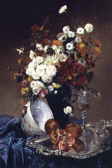 Still Life with Flowers and Pomegranates a Eugene Henri Cauchois