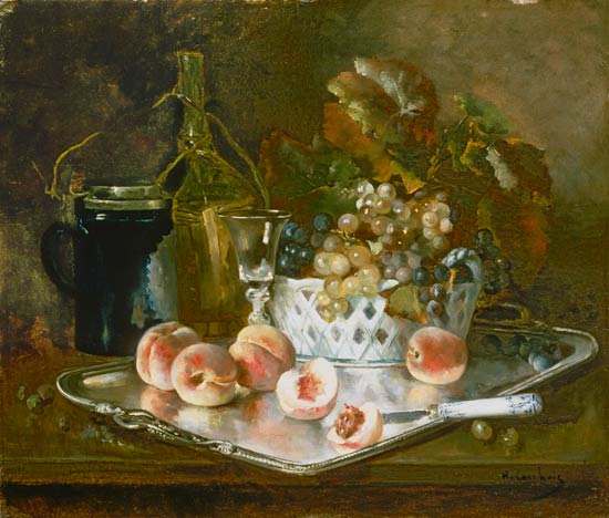 Still life with peaches, grapes and wine-glass a Eugene Henri Cauchois
