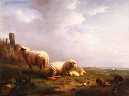 Sheep and chickens in a landscape a Eugène Joseph Verboeckhoven