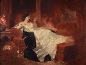 Woman on a red sofa
