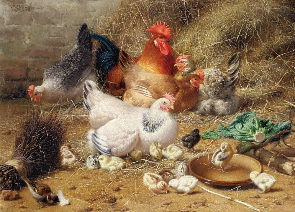Hens roosting with their chickens a Eugène Remy Maes