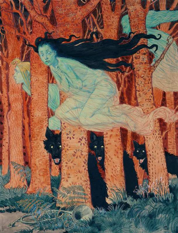 Three women and three wolves a Eugène Samuel Grasset