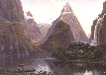 Native figures in a canoe at Milford Sound, West Coast of South Island, New Zealand, also depicted a a Eugene von Guerard