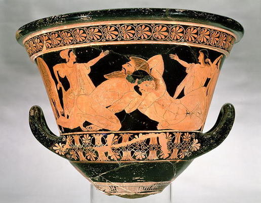 Attic red-figure calyx-krater depicting Herakles Wrestling with Antaeus, from Cervetri, Italy, c.510 a Euphronios