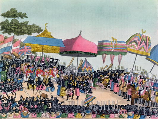 Reception for the English Ambassador held by the Ashanti at Comassi, Ghana, c.1818, engraved by A. B a European School, (19th century)