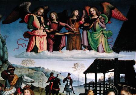 The Adoration of the Magi, detail of angel musicians a Eusebio  da San Giorgio