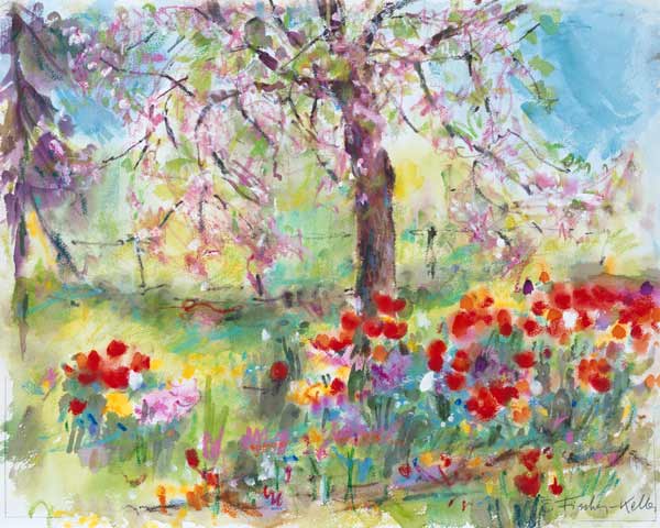 Tulips under blossoming apple tree. a Eva Fischer-Keller