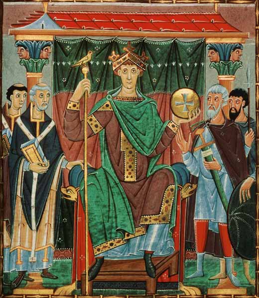 Imperatore Otto III. Durante il sermone di fedeltà delle province del reame a Evangeliar Kaiser Ottos III.