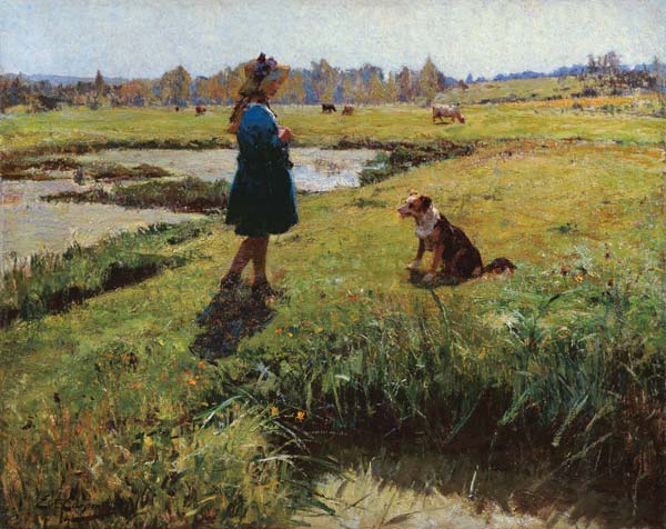 Young Girl with her Dog in the Meadows a Evariste Carpentier