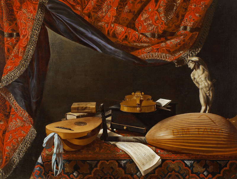 Still life with Musical Instruments, Books and Sculpture a Evaristo Baschenis