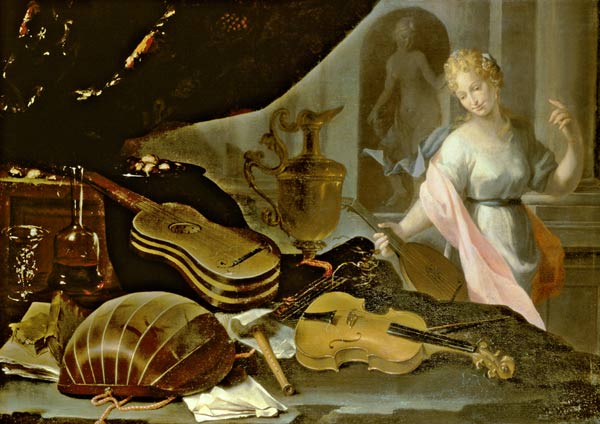 Still Life of Musical Instruments, with a Female Figure a Evaristo Baschenis