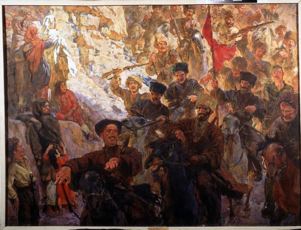Die rote Partisanen Dagestans (Triptychon, Mittelteil) a Evgeni Evgenievitch Lanceray