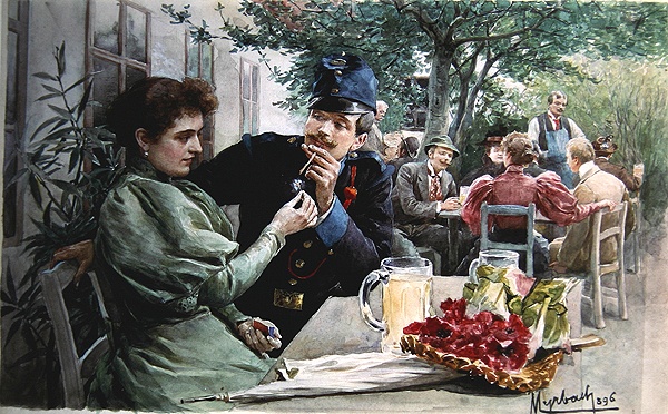 Soldier and a Young Girl Drinking New Wine, 1896 (w/c on paper)  a Felicien baron de Myrbach-Rheinfeld