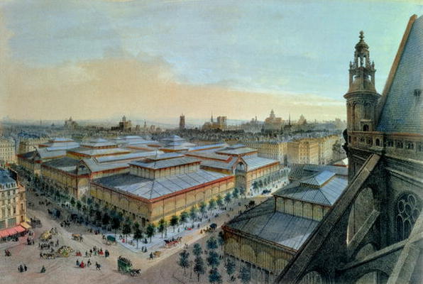 View of Les Halles in Paris taken from Saint Eustache upper gallery, c. 1870-80 (colour litho) a Felix Benoist