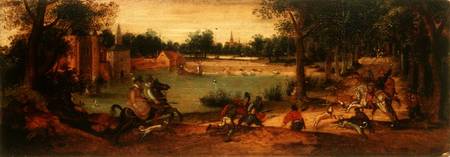 The Boar Hunt: One of a pair of landscapes a Ferdinand Bol