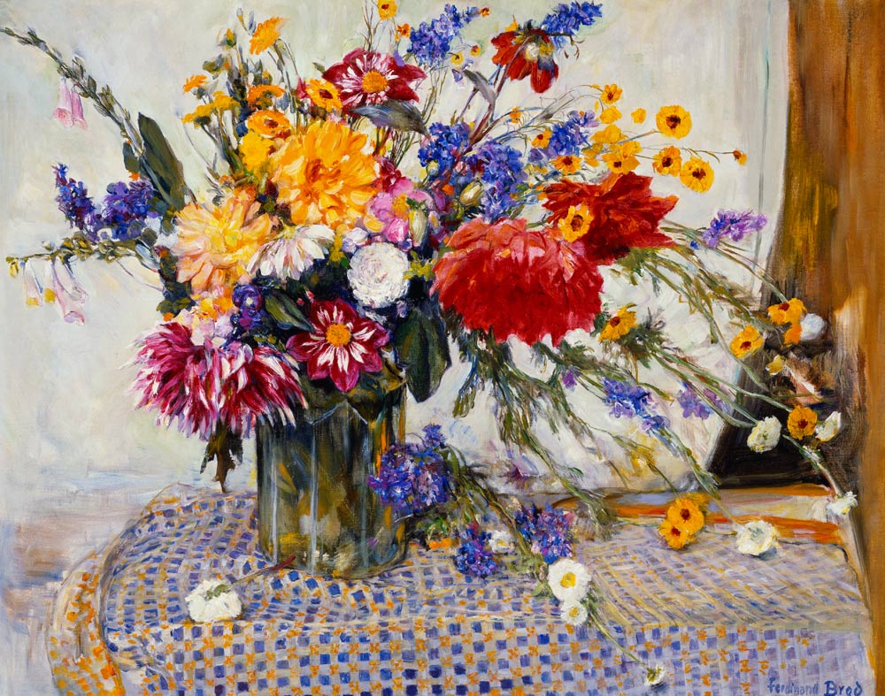 Rittersporn, Rosen, Pfingstrosen, Dahlien und andere Blumen in einer Vase. a Ferdinand Brod