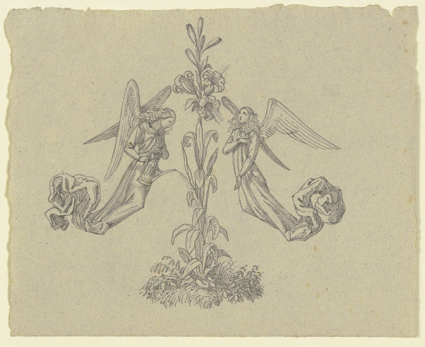 Dekorativer Buchschmuck (zwei Engel mit Lilie) a Ferdinand Fellner