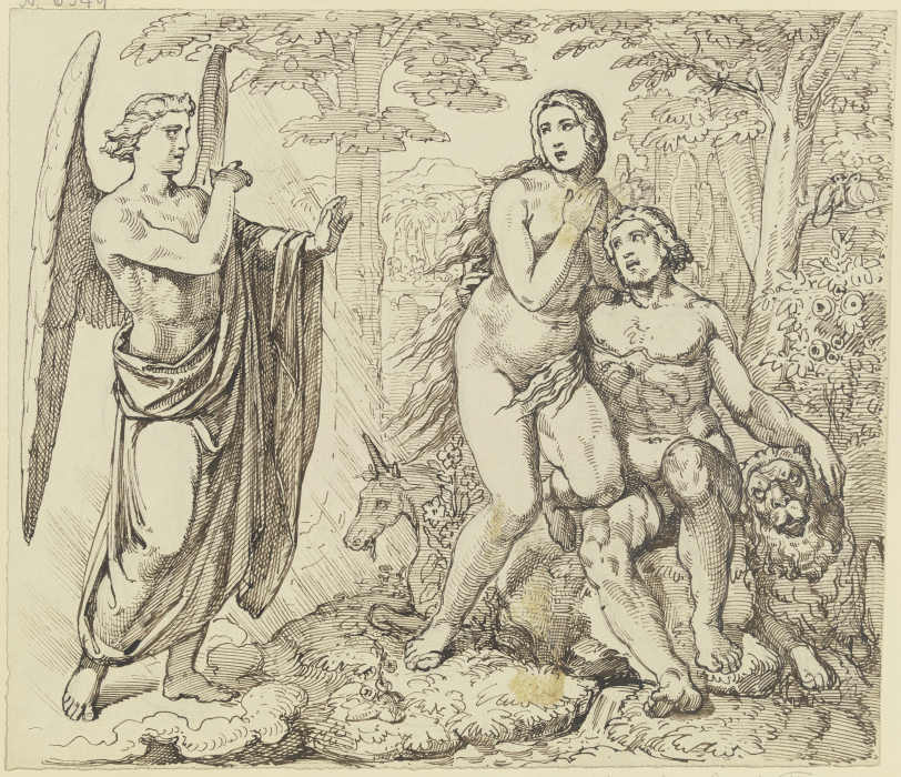 Ein Engel überbringt Adam und Eva Gottes Verbot, vom Baum der Erkenntnis des Guten und Bösen zu esse a Ferdinand Fellner