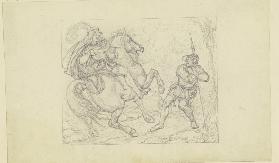 Ungedeutete Szene: Ein Ritter, einen mit einem Spieß bewaffneten Bauern an einem Bildstock mit der A