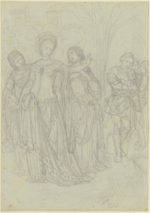 Ungedeutete Szene: Fürstin mit einem Rosenkranz am Gürtel, einen Jüngling abweisend a Ferdinand Fellner
