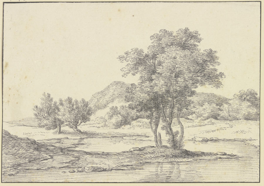 Baumgruppe am Wasser, links zwei Weidenbäume, im Hintergrund Berge a Ferdinand Kobell