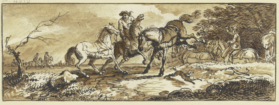 Reiter mit zwei Handpferden, eines schlägt aus, im Hintergrund ein Fuhrwerk und andere Reiter a Ferdinand Kobell